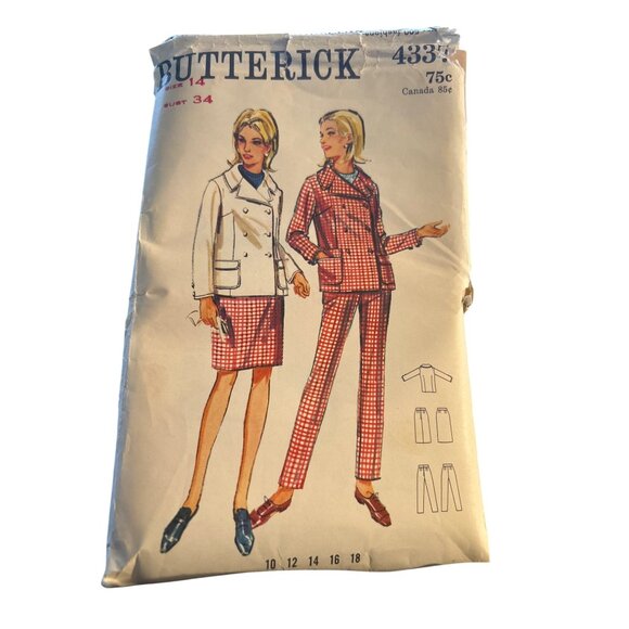 1960s Butterick Size 14 Sew Pattern Double Breasted Jacket Suit Bust 34 Cut Vtg - Picture 1 of 5